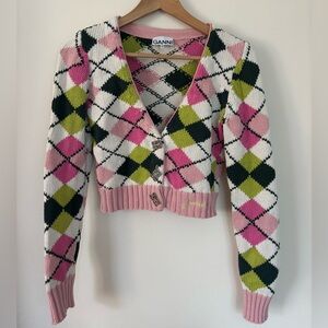 Ganni Pink Green Black White Argyle Cropped Cardigan